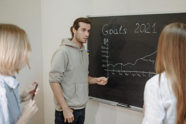 Three professionals engaged in a business discussion about goals written on a chalkboard in an office.