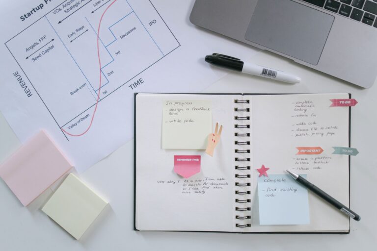 Flat lay of a workspace with an open notebook, sticky notes, planning chart, and laptop for productivity and organization.
