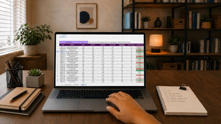 Laptop Manual Exibindo Planilha De Dados Em Uma Mesa QLf_ML_Rfq8